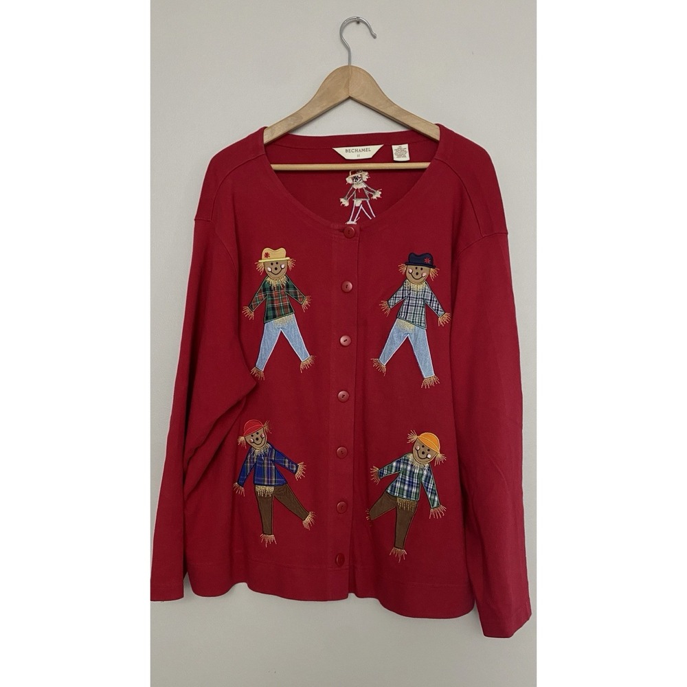Bechamel Women's Top Size 3X Red Fall Scarecrow Patch Embroidery Button Up